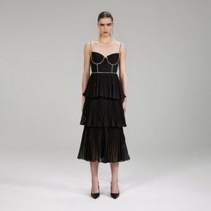 Self-Portrait Black Chiffon Tiered Midi Dress UK12/US8